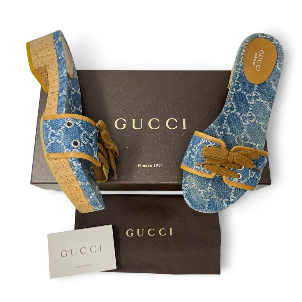 Gucci Vintage 90s Y2K Interlocking GG Logo Sandals Slides Heels Denim Blue 38 8 - Picture 2 of 12